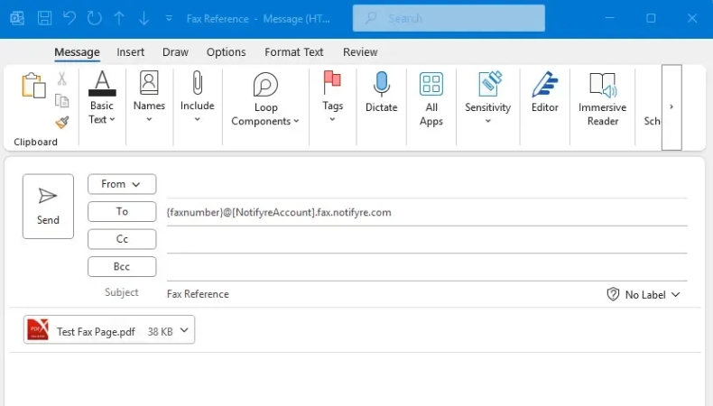 Email interface showing a document attached and formatted for sending as a fax