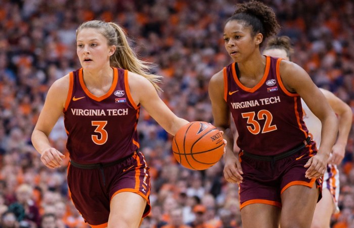 Virginia Tech guard Carleigh Wenzel driving to the basket during a game