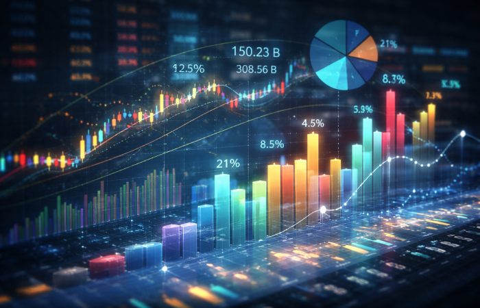 Abstract visualization of weighted stock market data and financial graphs