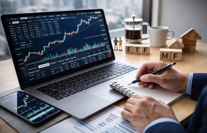 Investor using laptop reviewing stock charts and investment options