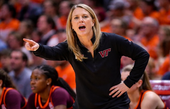 Head coach Megan Duffy coaching from the sidelines during a Virginia Tech women’s basketball game