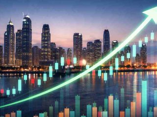 Indian stock market concept showing financial district skyline with rising chart