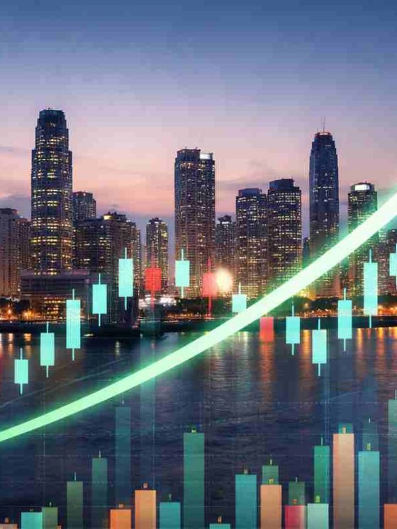 Indian stock market concept showing financial district skyline with rising chart