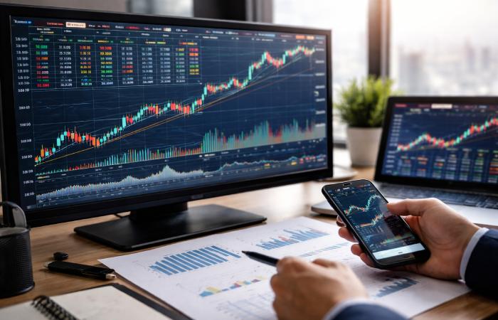 Financial market dashboard with stock charts and investor analyzing data