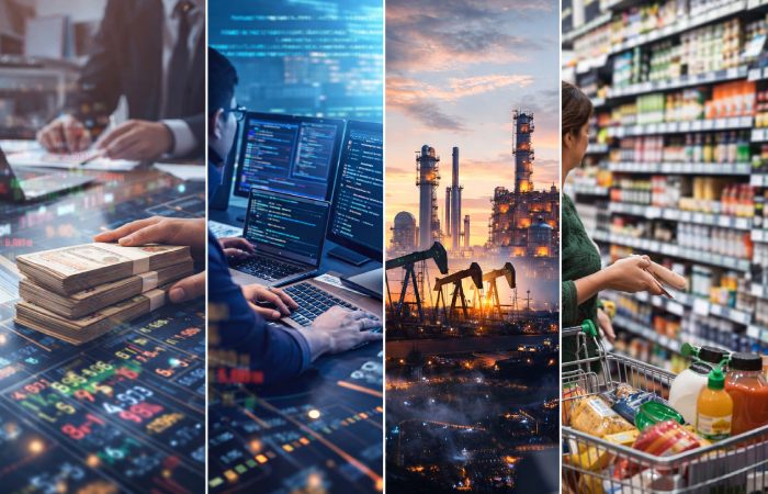 Diverse business sectors including banking, IT, oil, and consumer industries